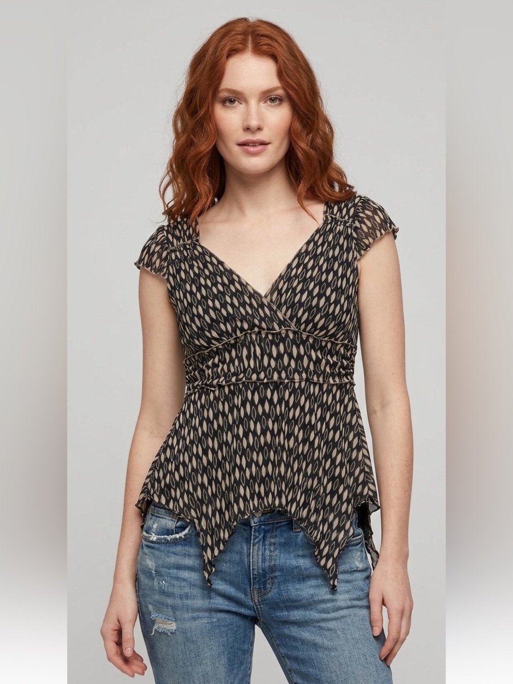 Max Studio Y2K Mesh Ruched Graphic Large Sleeveless Top Wrap V Neck Asymmetrical